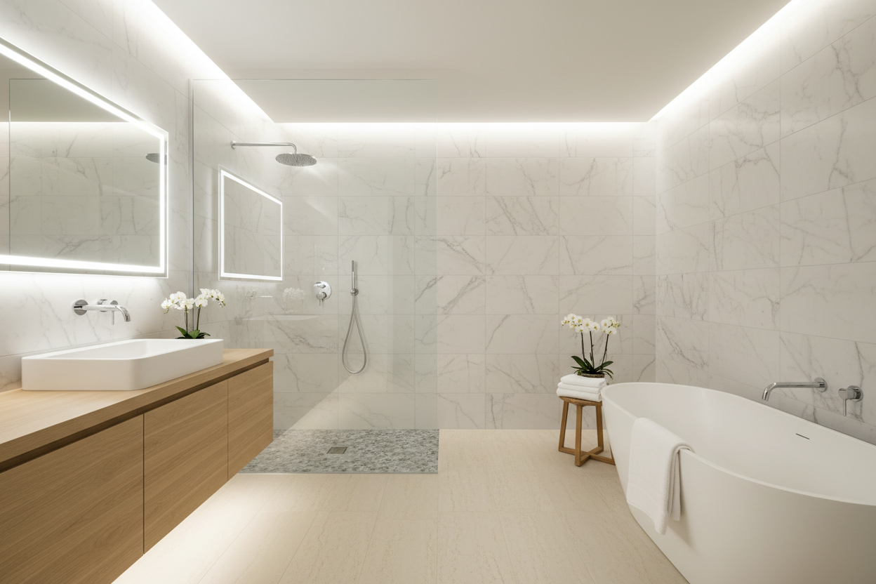 Beautiful modern bathroom with tiles and shower