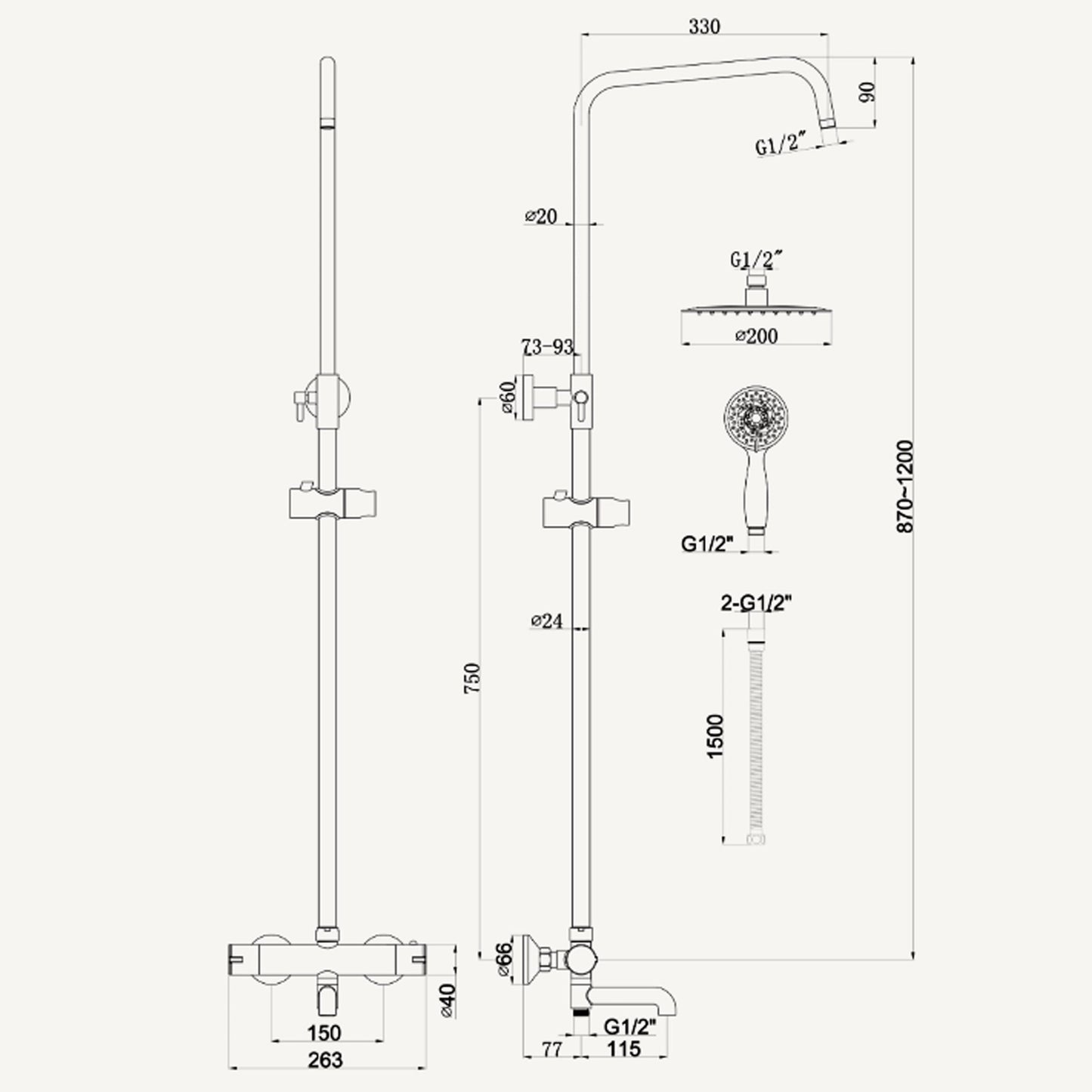 Hampton Twin Head Shower With Bath Filler - Chrome